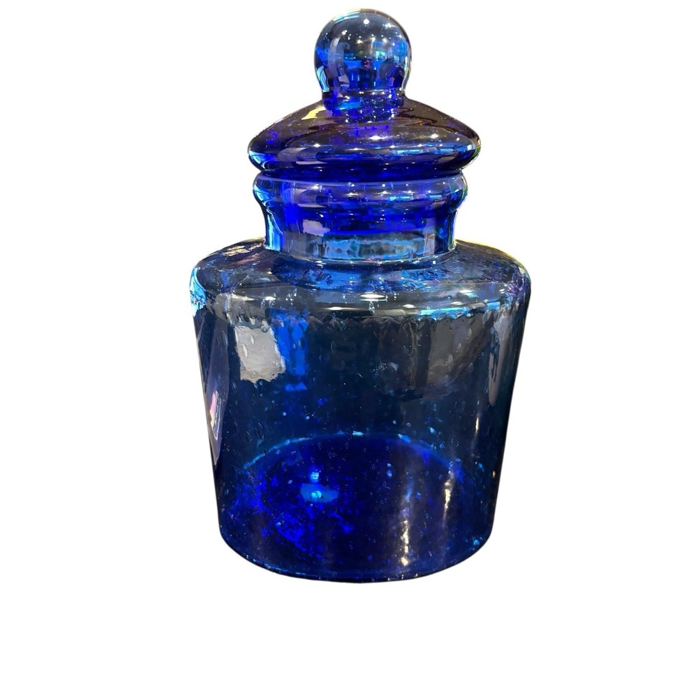 Mid Century Apothecary Jar Canister with Lid Blue Bubble Glass Hand Blown‎ 10" - Picture 3 of 9